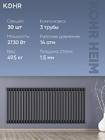 Стальной трубчатый радиатор Kohr Heim 3057/30 секций с боковым подключением 3/4 черный