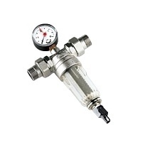 Фильтр TIEMME 1/2&quot; тонкой очистки с  манометром со сгонами для холодной воды самопромывной
