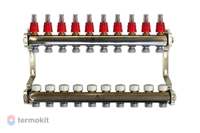 Gekon Коллекторный блок для теплого пола с расходомерами и термостатическими клапанами 1"x 3/4" на 10 вых.