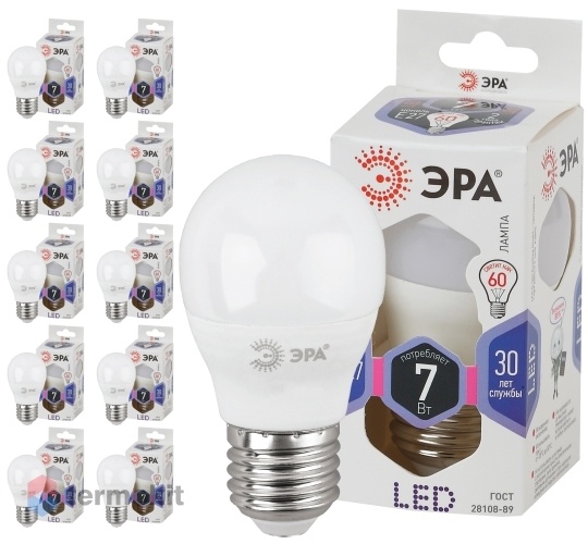 Лампа светодиодная ЭРА LED P45-7W-860-E27 диод, шар, 7Вт, хол, E27, 10 шт