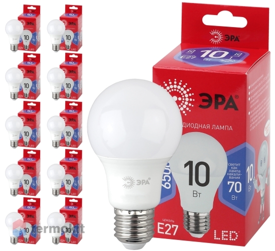 Лампа светодиодная ЭРА LED A60-10W-865-E27 R диод, груша, 10Вт, хол, E27, 10 шт