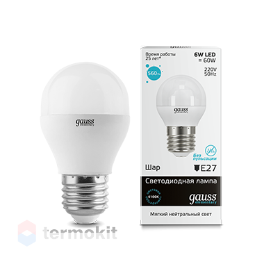 Лампа Gauss LED Elementary G45 E27 6W 4100K, 5 шт.