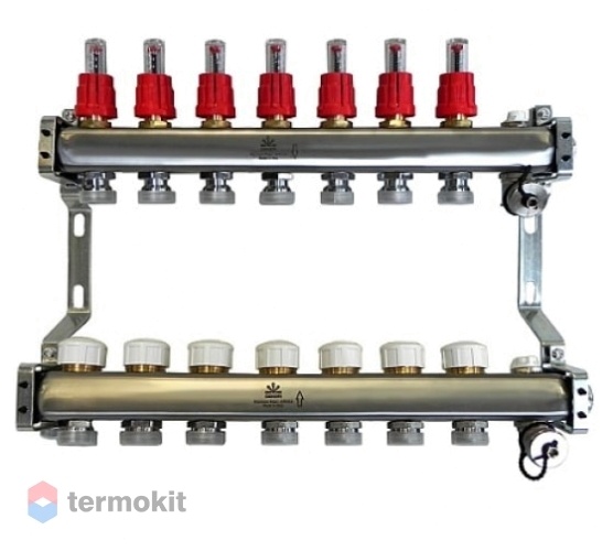 Gekon Коллекторный блок с расходомерами и термостатическими клапанами и ручными воздухоотводчиками 1"x 3/4" на 7 вых.
