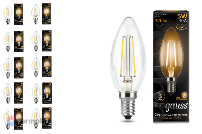 Лампа светодиодная Gauss LED Filament Candle E14 5W 2700К 1/10/50, 10 шт.
