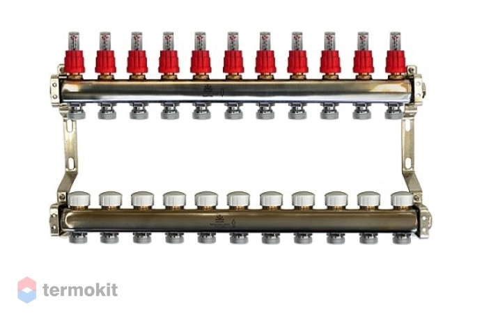 Gekon Коллекторный блок для теплого пола с расходомерами и термостатическими клапанами 1"x 3/4" на 11 вых.