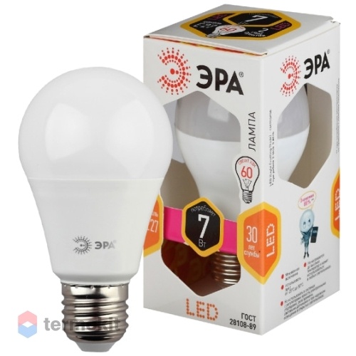 Лампа светодиодная ЭРА LED A60-7W-827-E27 диод, груша, 7Вт, тепл, E27