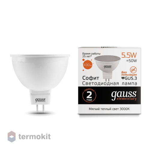 Лампа Gauss LED Elementary MR16 GU5.3 5.5W 220V 3000K