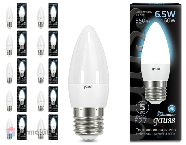 Лампа светодиодная Gauss LED свеча 6,5W E27 4100K FR, 10 шт.