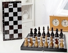 Шахматы гроссмейстерские деревянные с черной доской, рисунок серебро 182-18