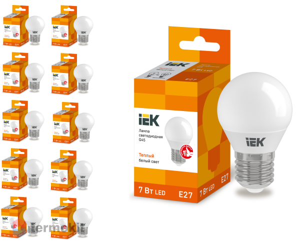 Лампа светодиодная IEK ECO G45 шар 7Вт 230В 3000К E27, 10 шт.