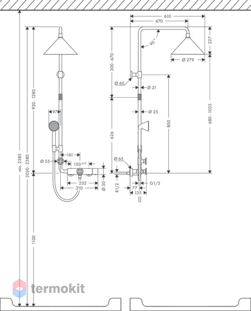 Душевая стойка Hansgrohe AXOR Showers/Front с термостатом и верхним душем 26020950