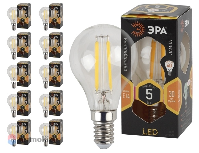 Лампа светодиодная ЭРА F-LED P45-5W-827-E14 филамент, шар, 5Вт, тепл, E14, 10 шт