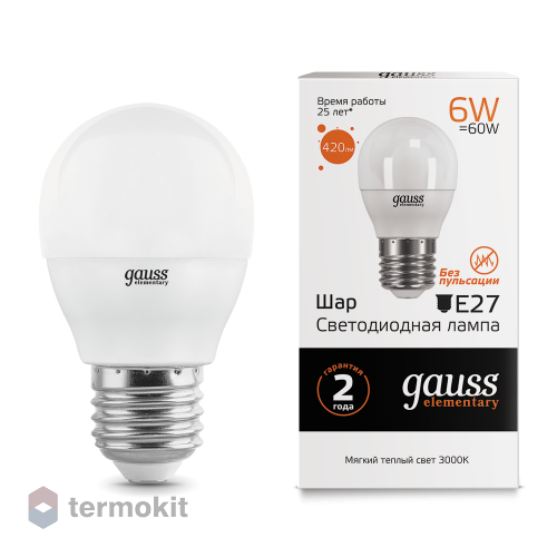 Лампа Gauss LED Elementary G45 E27 6W 3000K