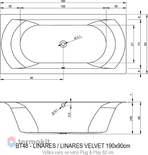 Акриловая ванна RIHO LINARES PLUG & PLAY R 1900x900 B143016005
