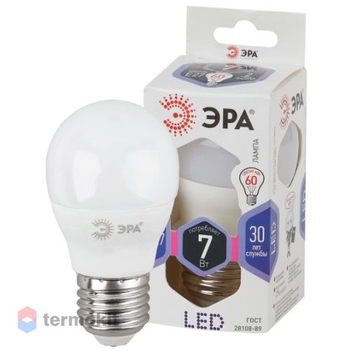 Лампа светодиодная ЭРА LED P45-7W-860-E27 диод, шар, 7Вт, хол, E27