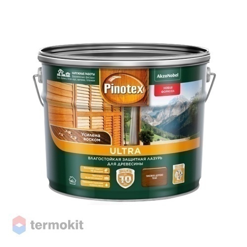 Pinotex Ultra,Влагостойкая защитная лазурь для древесины, с воском, тик, 9л